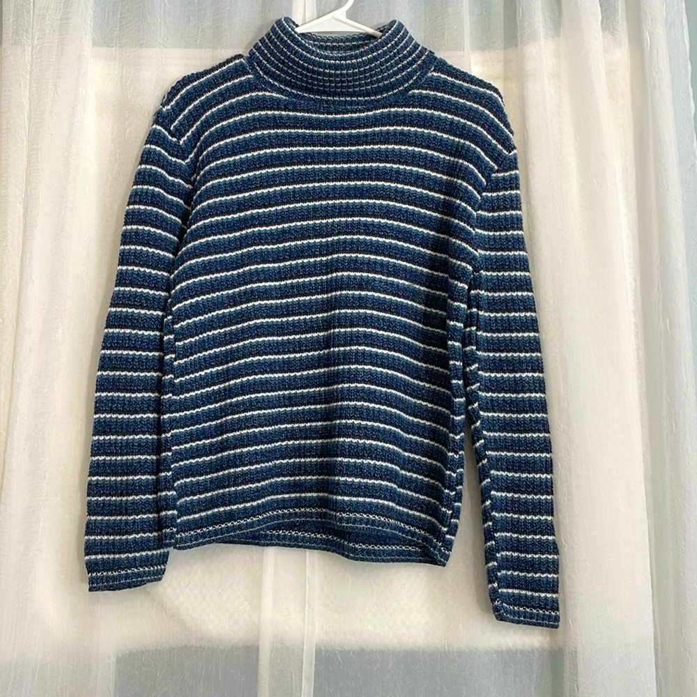 East west Vintage 90s blue / white Striped Mock neck long sleeve Sweater Size XL